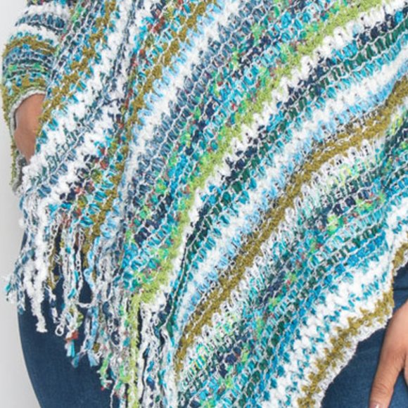 BLUE MULTI COLOR KNIT PONCHO FALL SEASON STRIPED S - Picture 2 of 4